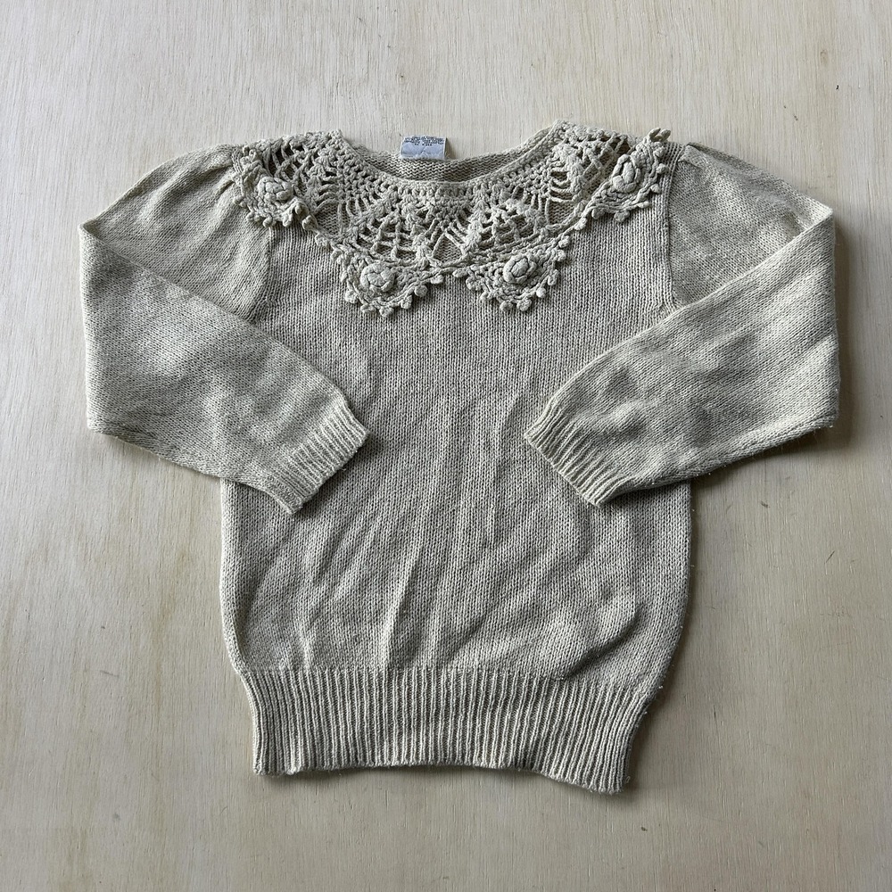 Vintage White Silk Blend Crochet Yoke Crew Neck Parrinello Sweater Womens Medium
